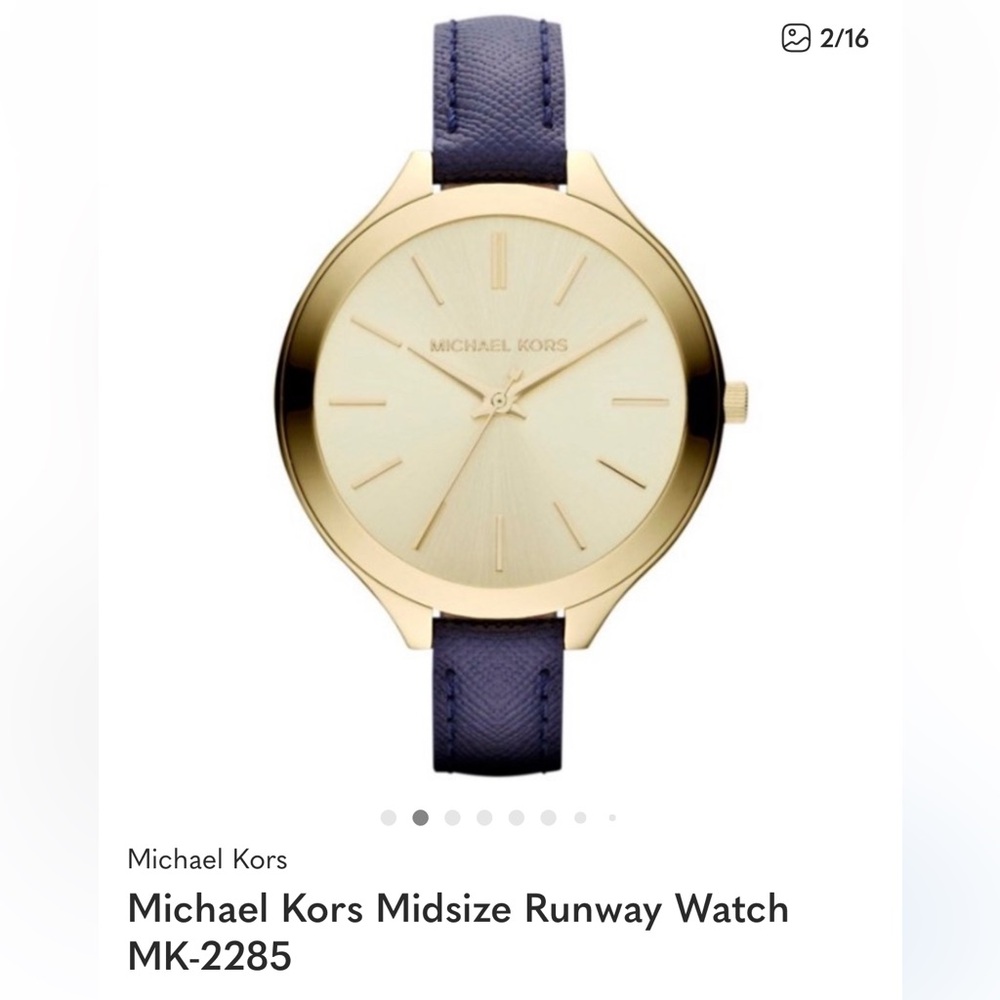 Michael Kors Gold Dial Watch with Slim Navy Blue Leather Strap - Picture 11 of 12